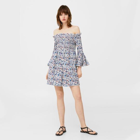 Mango Nest Ruched Detail Blur Red Floral Print Boho  Off-the-Shoulder Mini Dress - Picture 13 of 16
